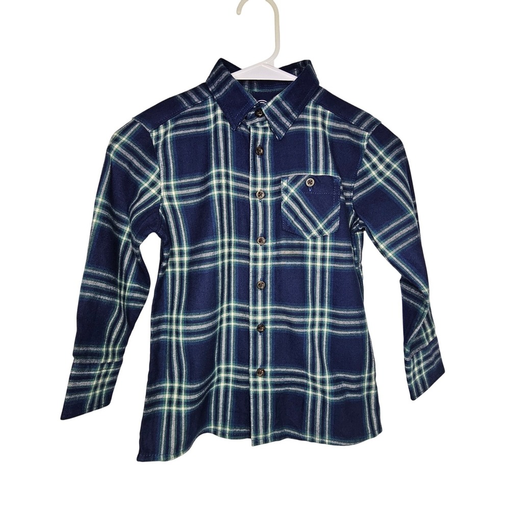 Wonder Nation Boys Blue Plaid Flannel Shirt Button Up Long Sleeve XS (4-5)